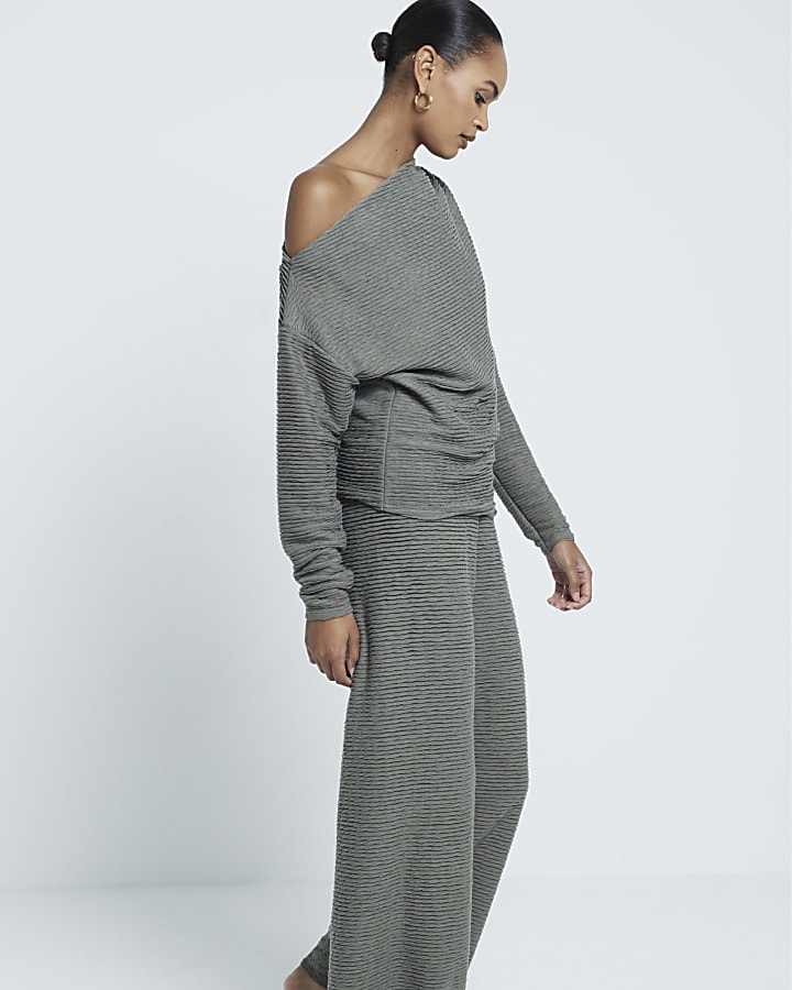 Khaki Textured Wide Leg Trousers