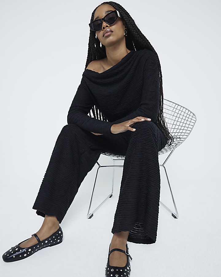 Black Textured Wide Leg Trousers