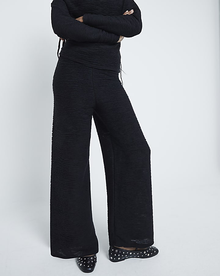 Black Textured Wide Leg Trousers