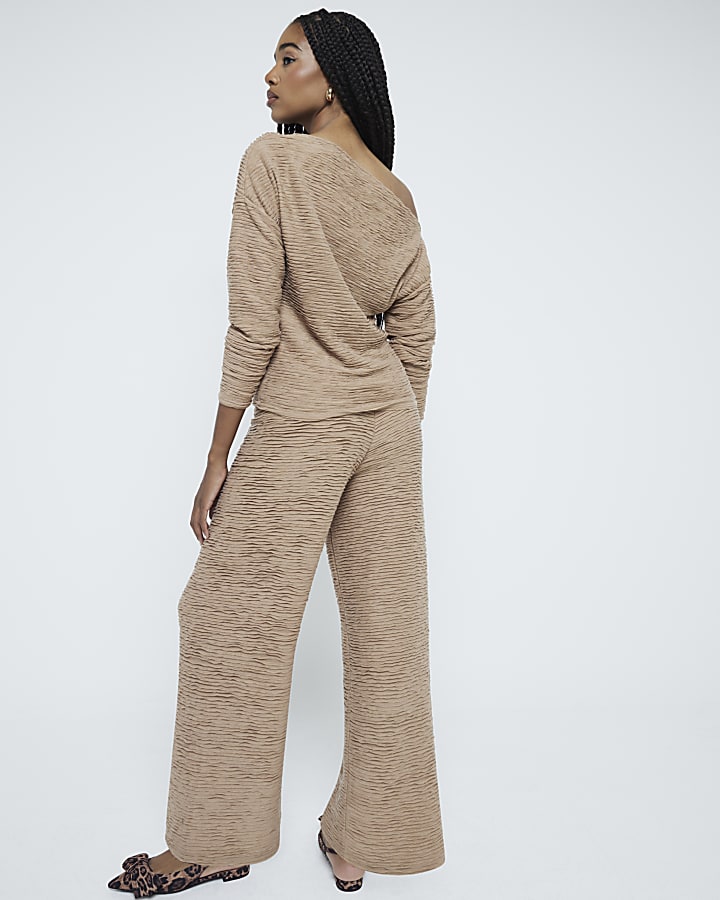 Beige Textured Wide Leg Trousers