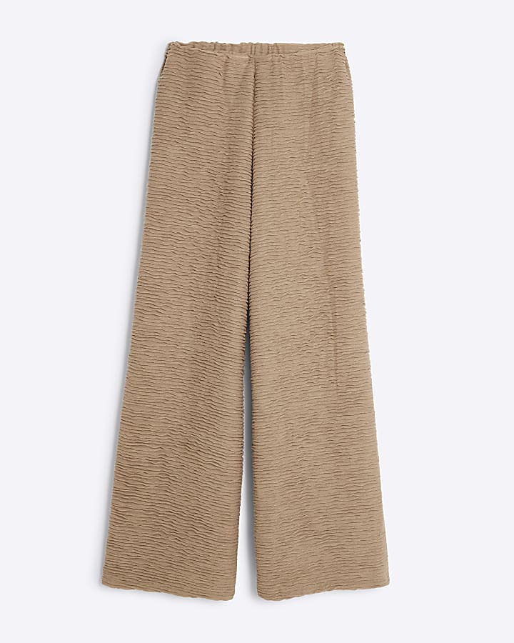 Beige Textured Wide Leg Trousers