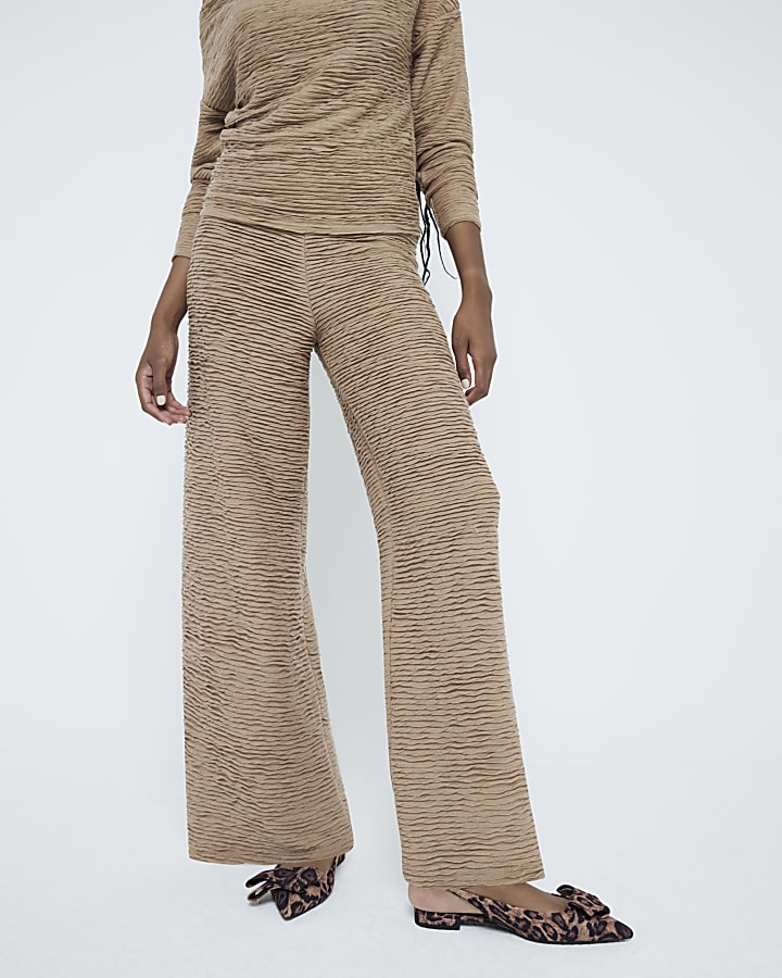 Beige Textured Wide Leg Trousers