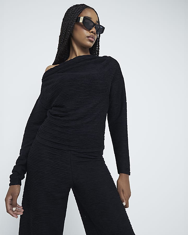 Black Textured Drape Top