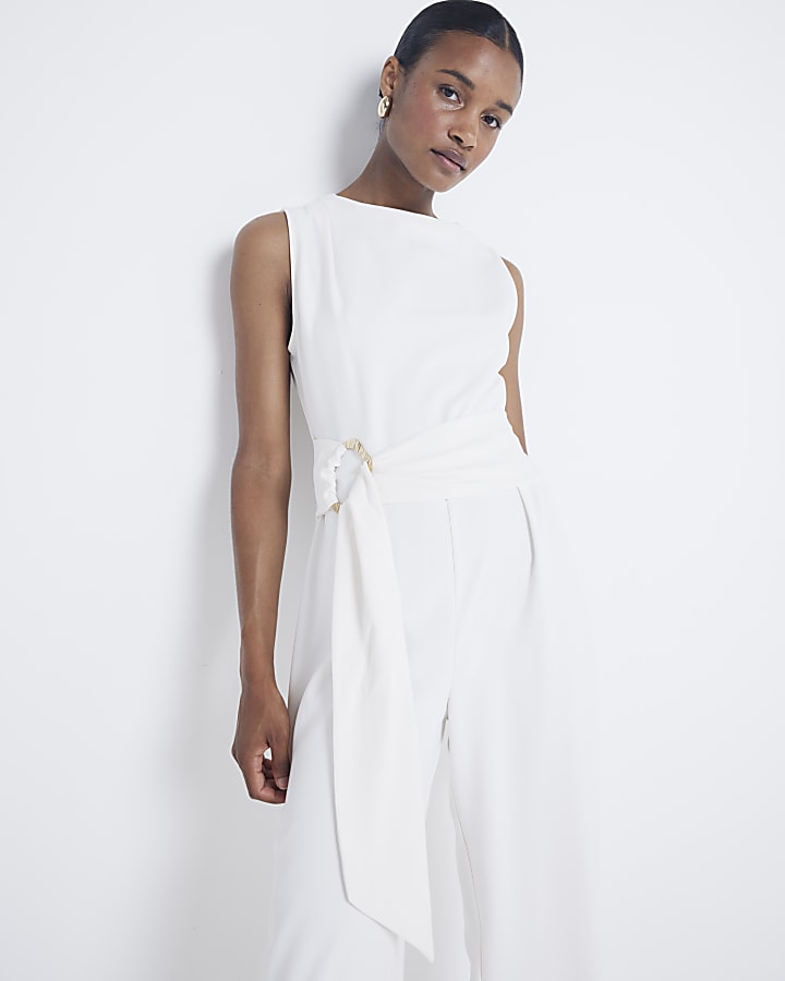 Cream belted jumpsuit