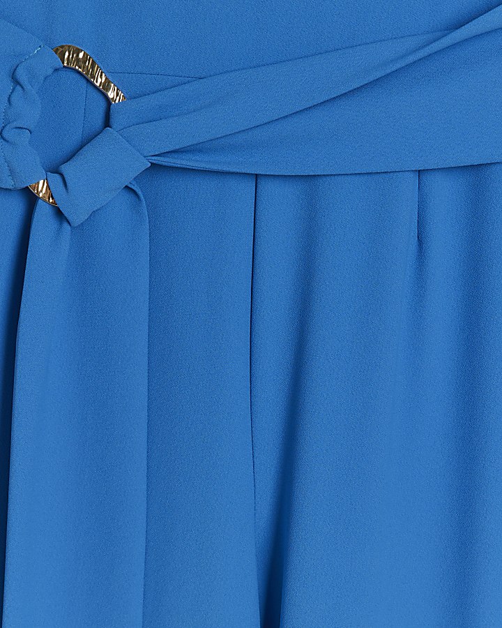 Blue sleeveless belted wide leg jumpsuit