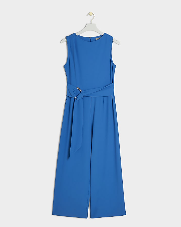 Blue sleeveless belted wide leg jumpsuit