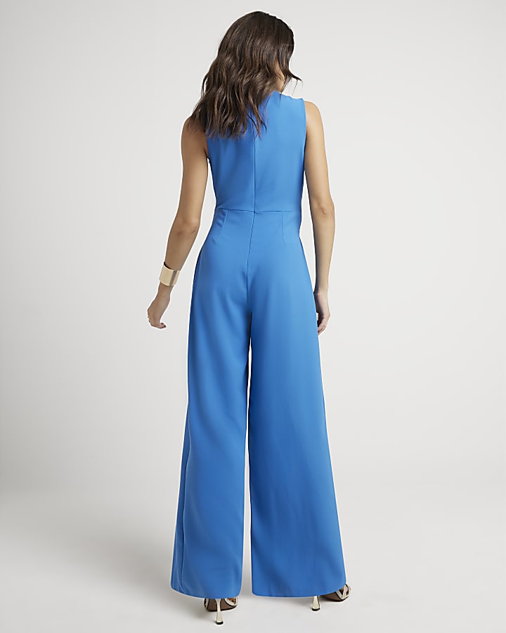 Blue sleeveless belted wide leg jumpsuit