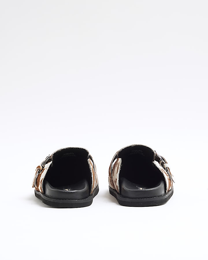 Brown Leather Cow Print Buckle Clogs