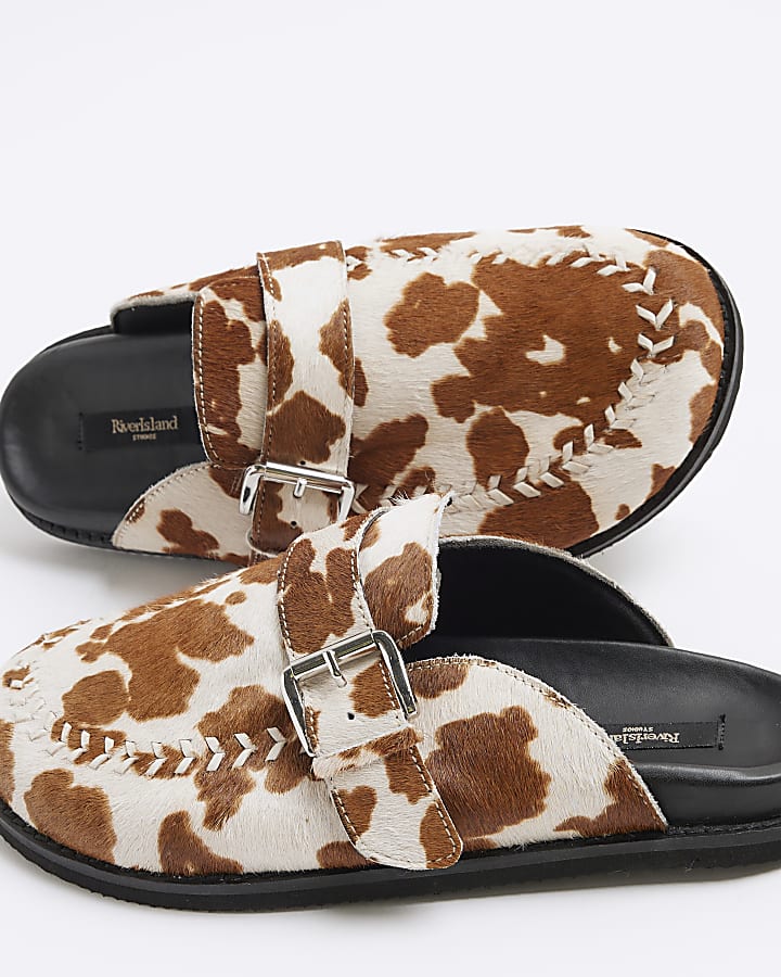 Brown Leather Cow Print Buckle Clogs