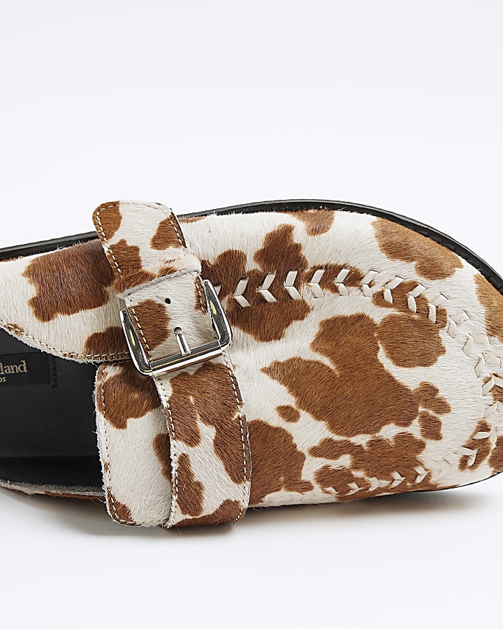 Brown Leather Cow Print Buckle Clogs