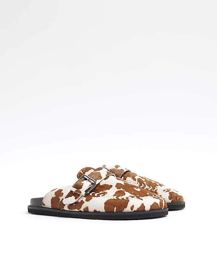 Brown Leather Cow Print Buckle Clogs