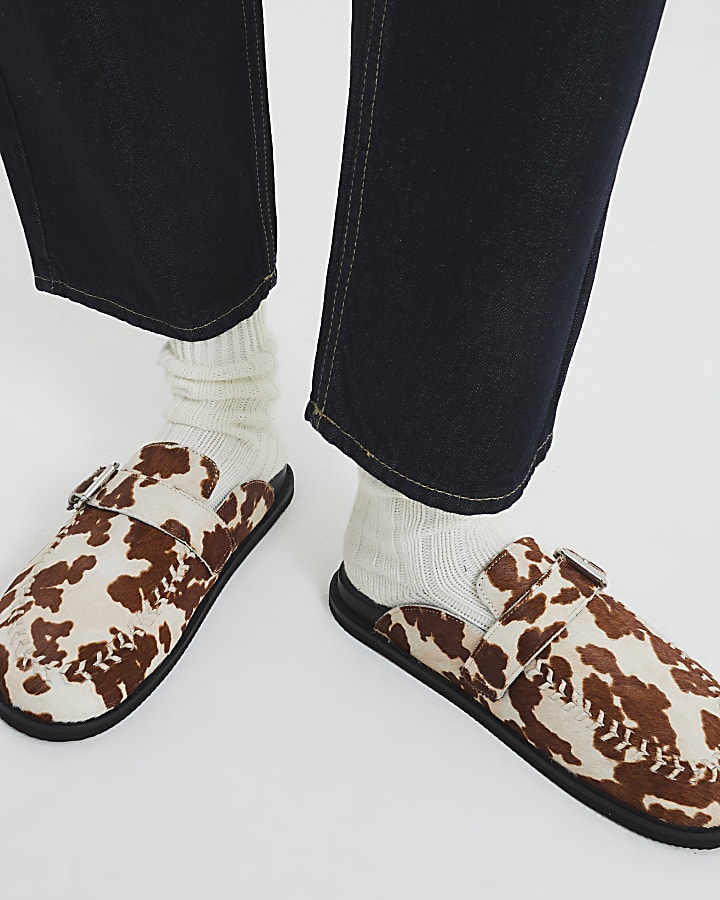 Brown Leather Cow Print Buckle Clogs