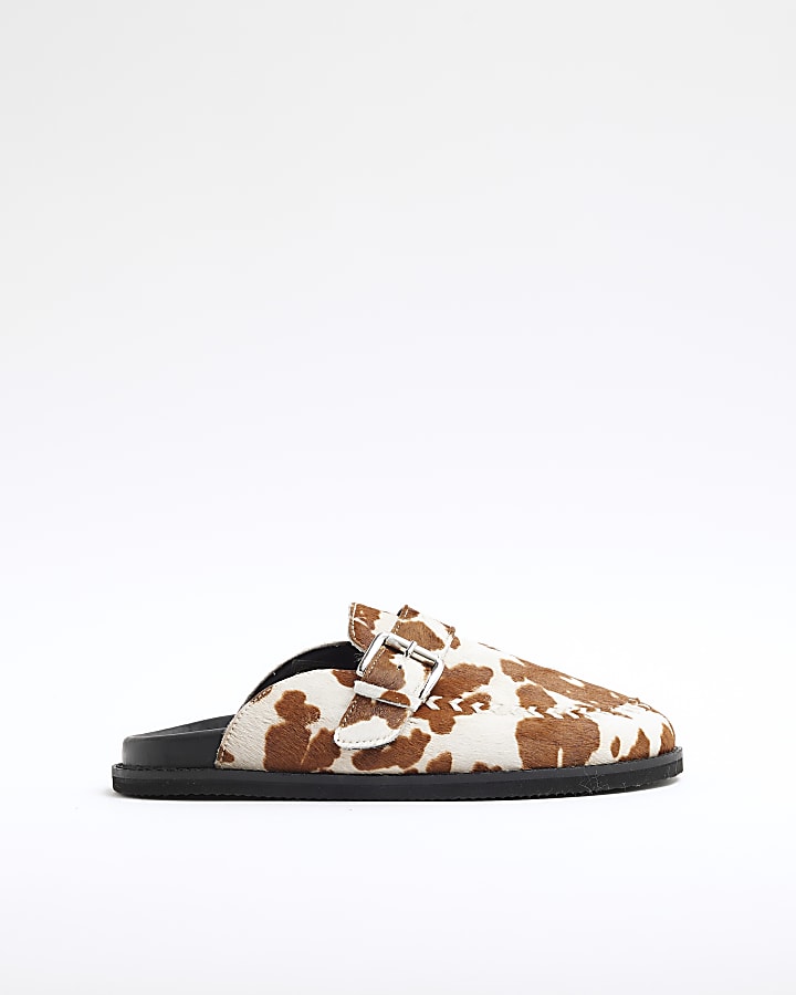 Brown Leather Cow Print Buckle Clogs