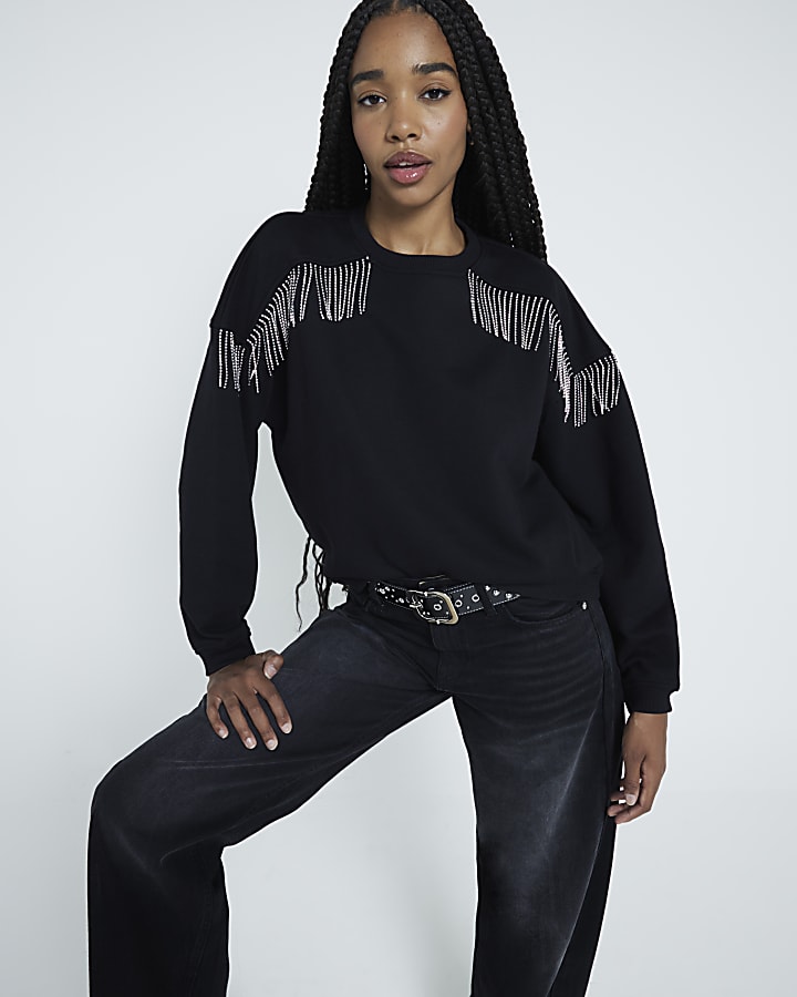 Black Fringed Diamante Sweatshirt