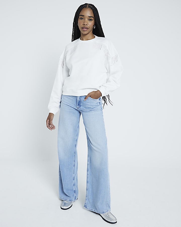 White Fringed Diamante Sweatshirt