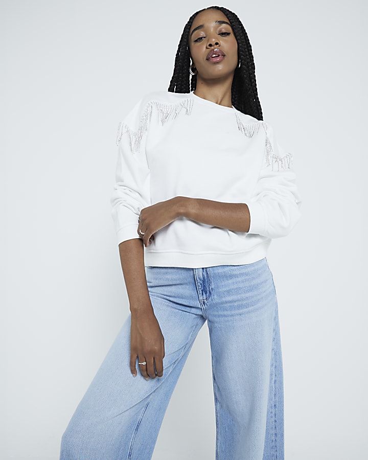 White Fringed Diamante Sweatshirt