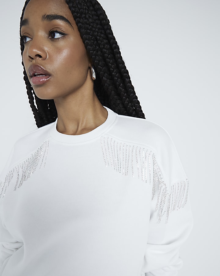 White Fringed Diamante Sweatshirt