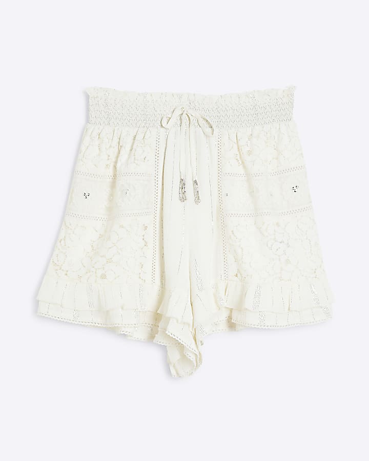 Cream Lace Embellished Beach Shorts