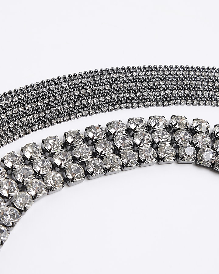 Black Metal Crystal Layered Collar Necklace River Island