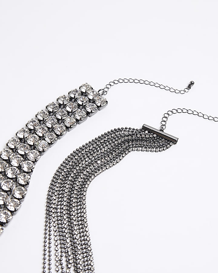 Black Metal Crystal Layered Collar Necklace River Island