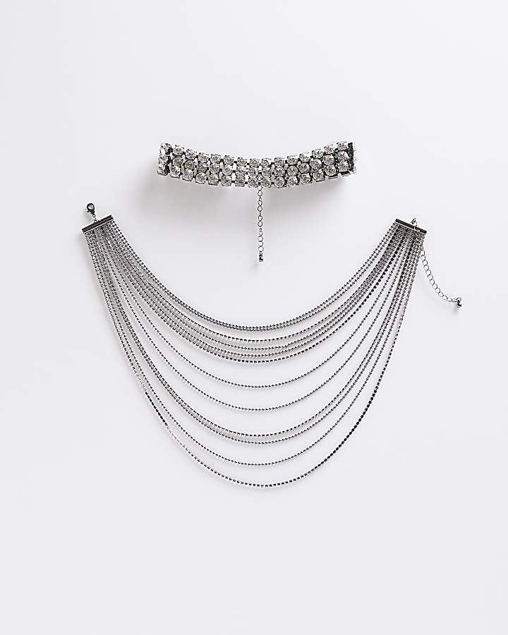 Black Metal Crystal Layered Collar Necklace