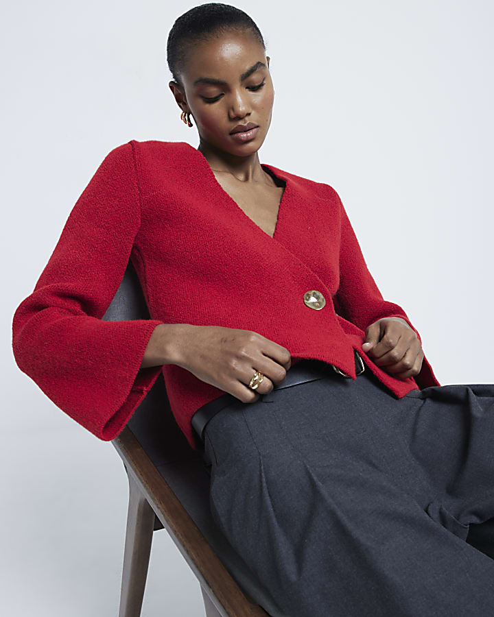 Red Asymmetric Button Up Cardigan River Island