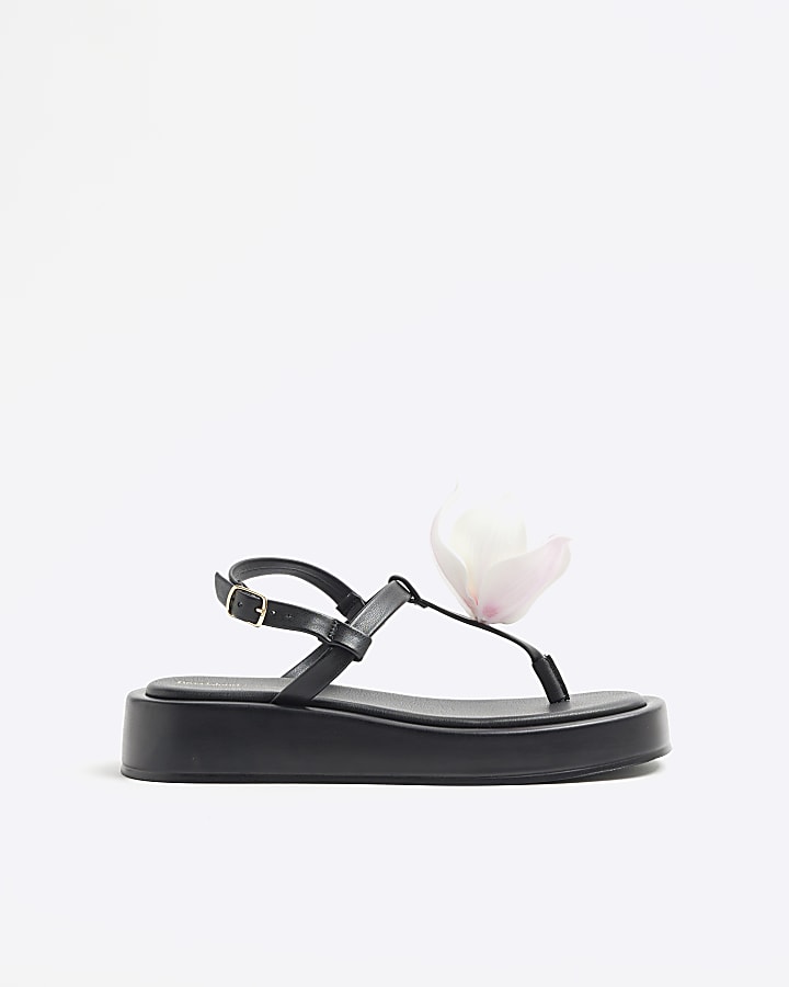 Black Flower Toe Thong Sandals