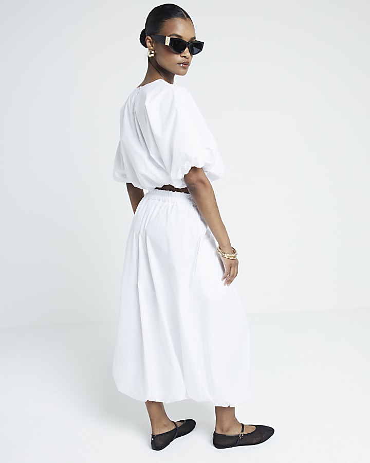 White Bubble Hem Midi Skirt