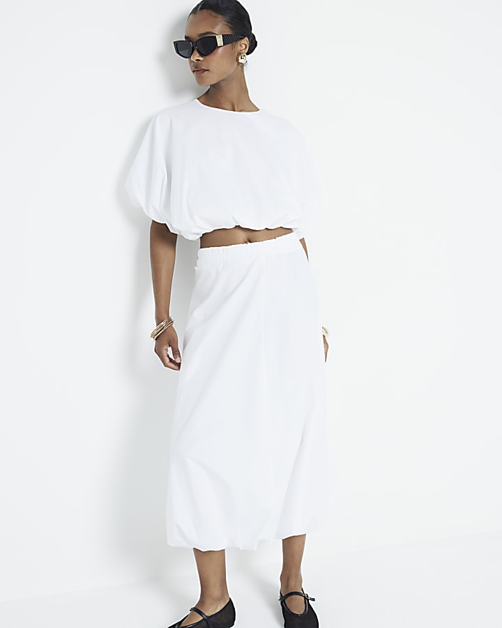 White Bubble Hem Midi Skirt