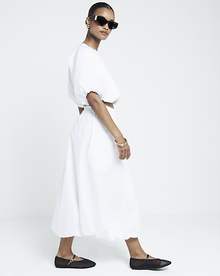 White Bubble Hem Midi Skirt River Island