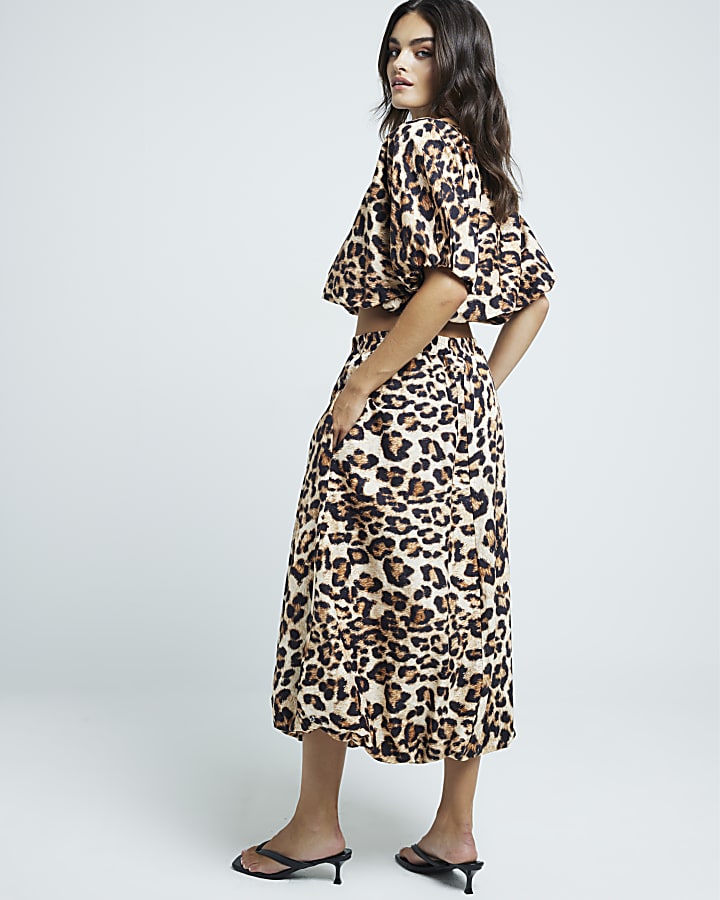 Beige Leopard Print Bubble Hem Midi Skirt