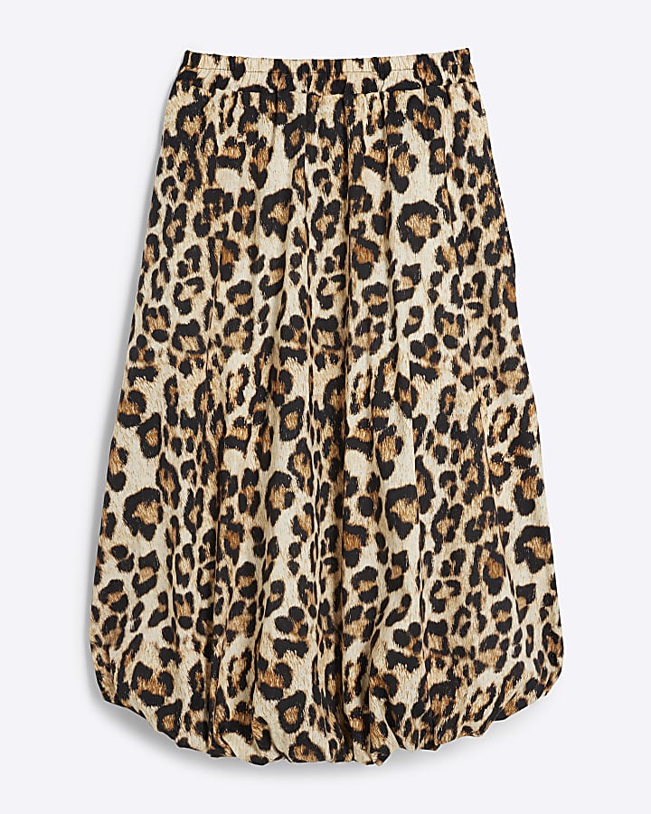 Beige Leopard Print Bubble Hem Midi Skirt