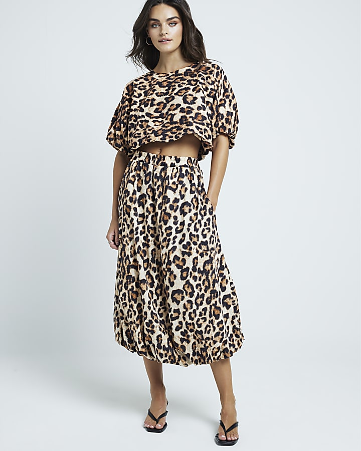 Beige Leopard Print Bubble Hem Midi Skirt