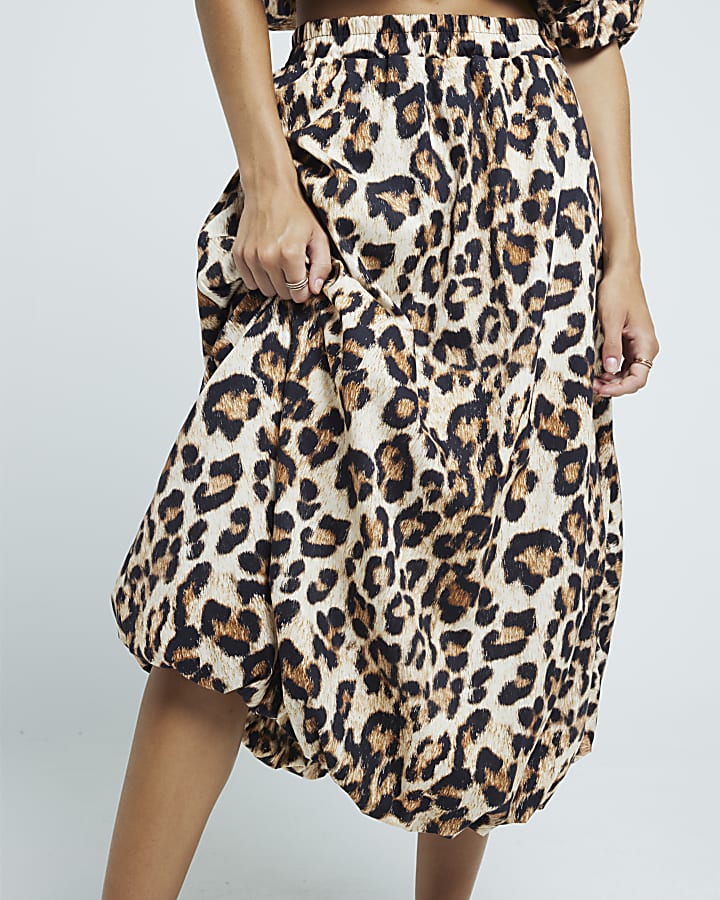 Beige Leopard Print Bubble Hem Midi Skirt