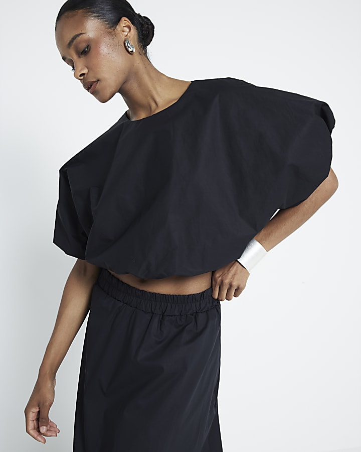 Black Bubble Hem Crop Top River Island