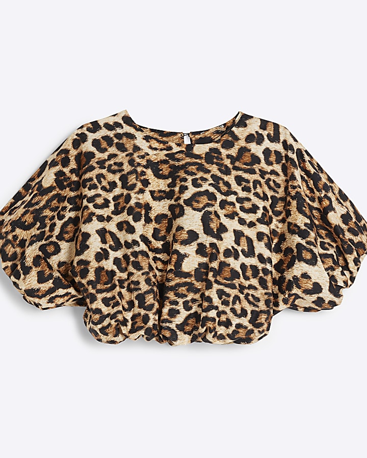Beige Leopard Print Bubble Hem Crop Top