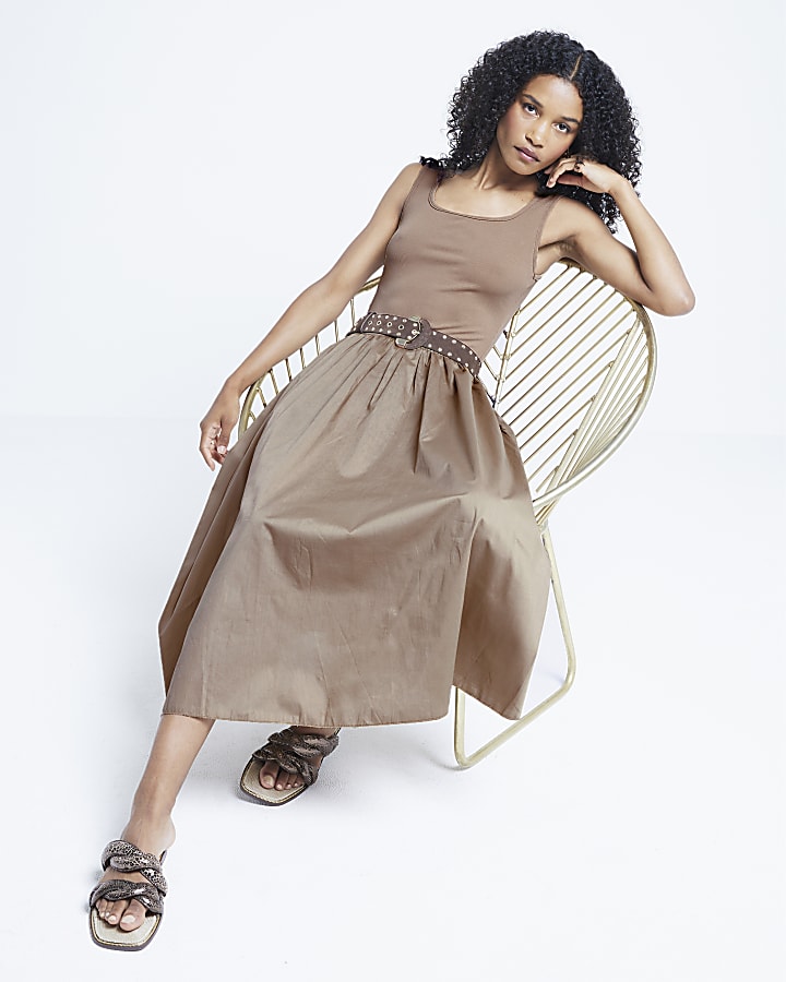 Brown hybrid skater midi dress