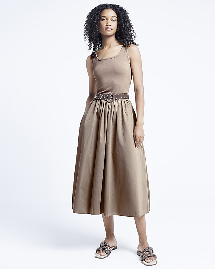 Brown hybrid skater midi dress