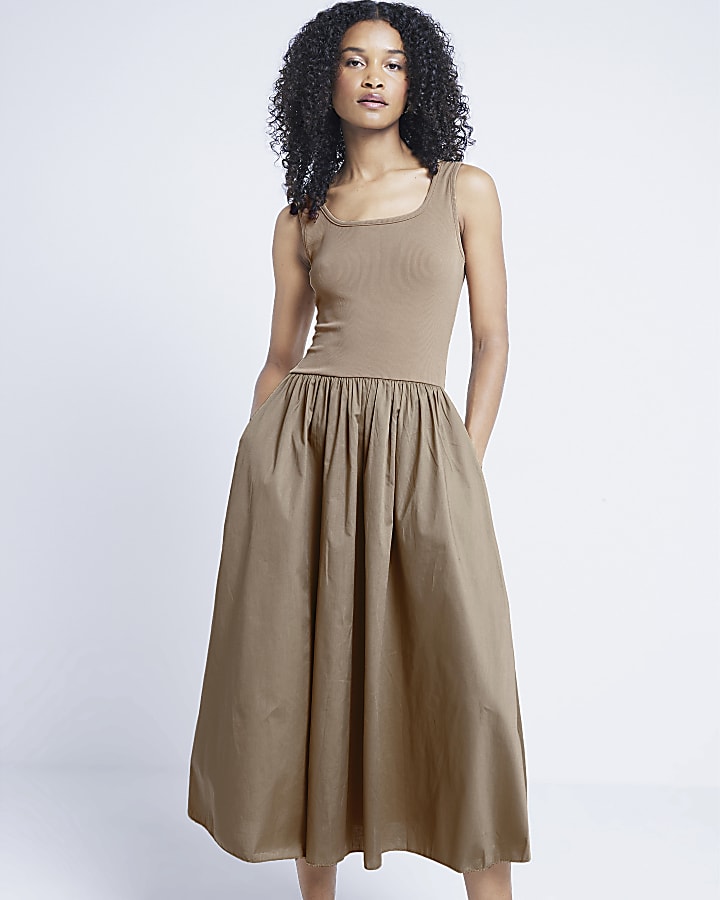 Brown hybrid skater midi dress