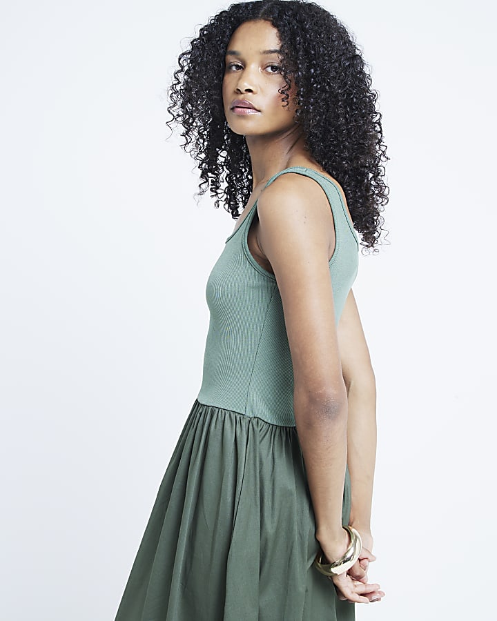 Khaki hybrid skater midi dress