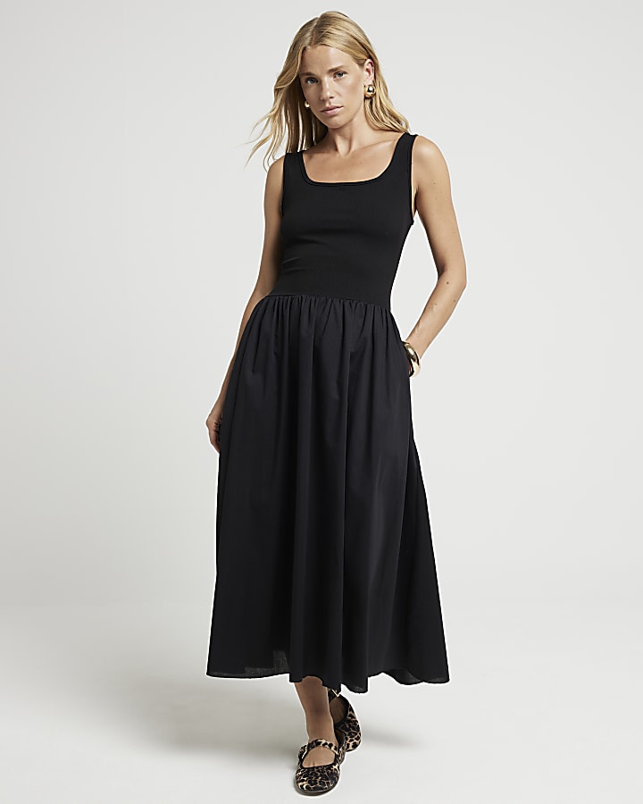 Black hybrid skater midi dress