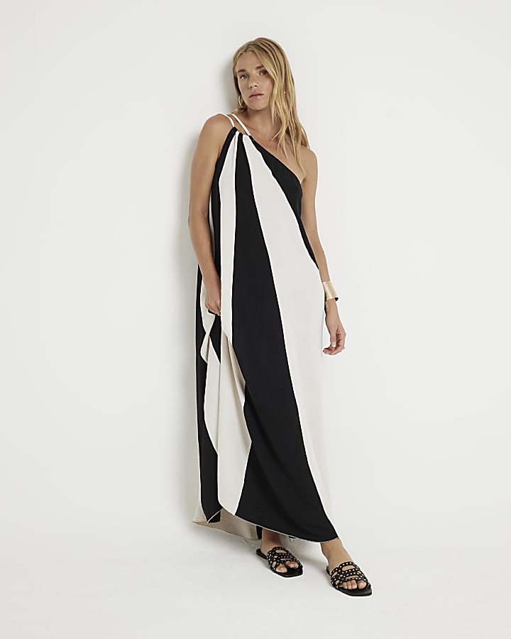 Black One Shoulder Colour Block Maxi Dress