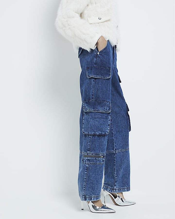 Blue Denim Wide Leg Cargo Carpenter Jeans