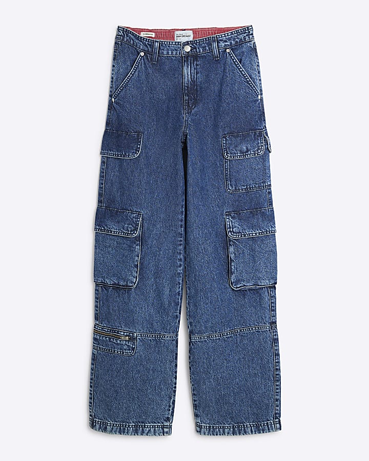 Blue Denim Wide Leg Cargo Carpenter Jeans