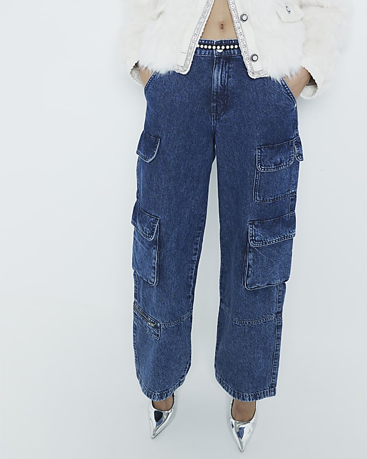 Blue Denim Wide Leg Cargo Carpenter Jeans