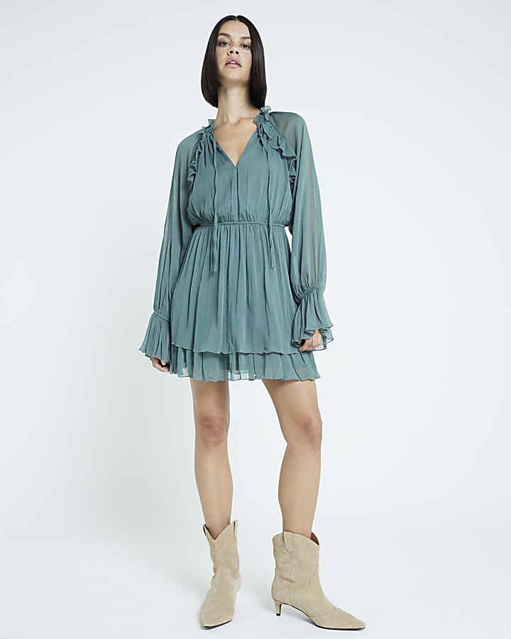 Green Long Sleeve Ruffle Mini Dress