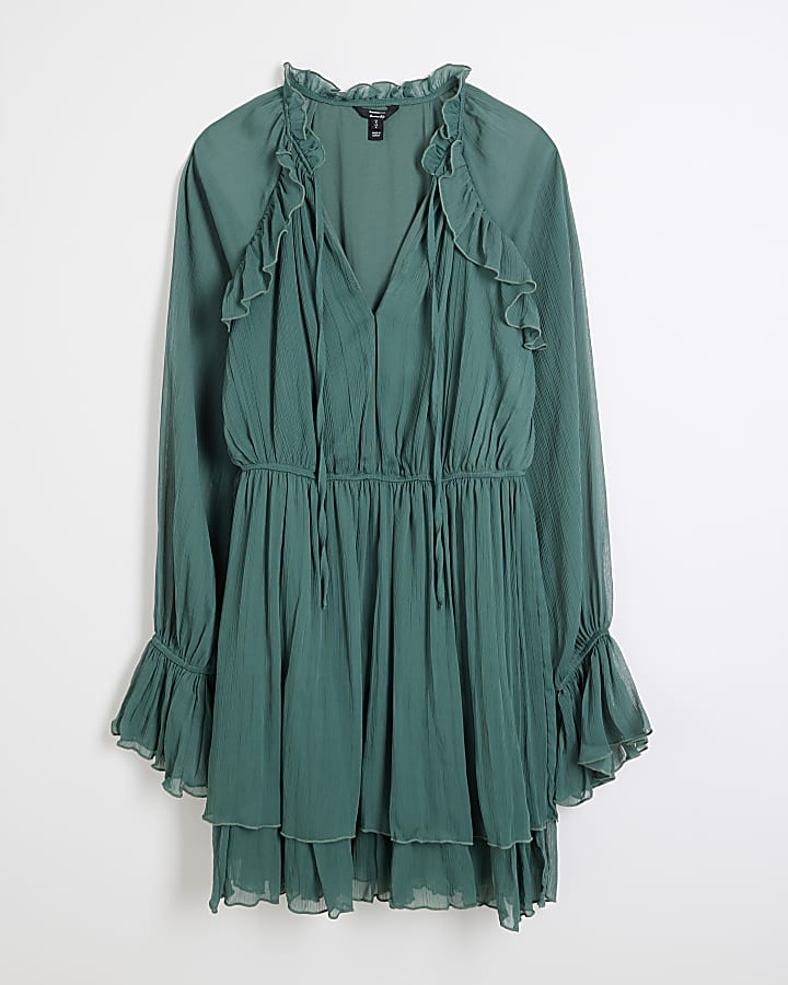 Green Long Sleeve Ruffle Mini Dress