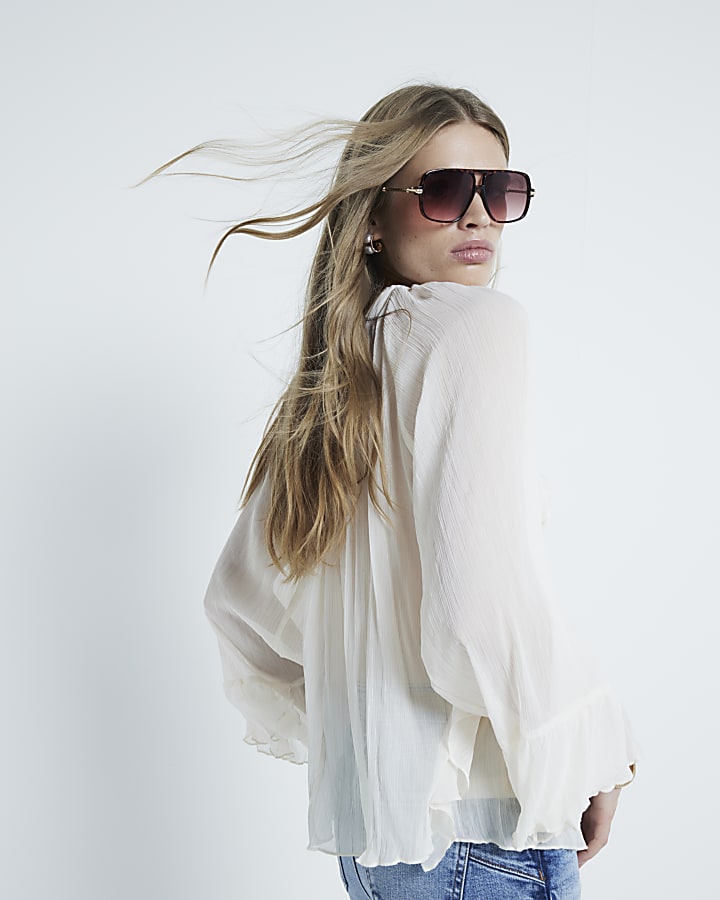 Cream Long Sleeved Ruffled Blouse