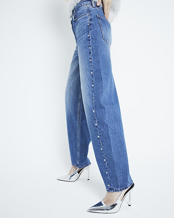 Blue Denim Studded Barrel Jeans