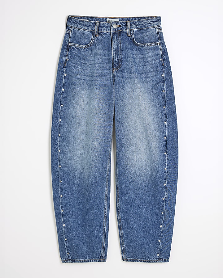 Blue Denim Studded Barrel Jeans